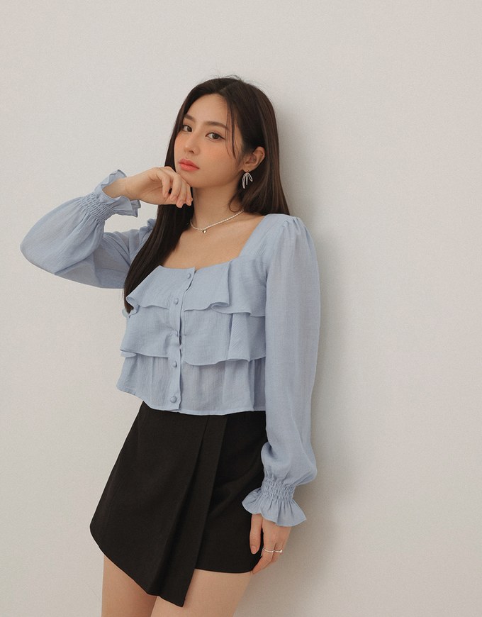 Square Neck Layered Ruffle Puff Long Sleeve Top