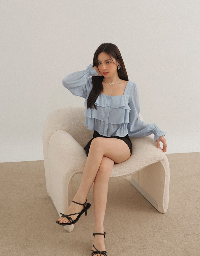 Square Neck Layered Ruffle Puff Long Sleeve Top