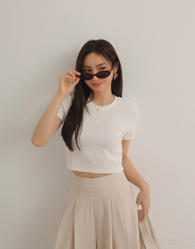 Waffle Knit Crew Neck Short Sleeve Top