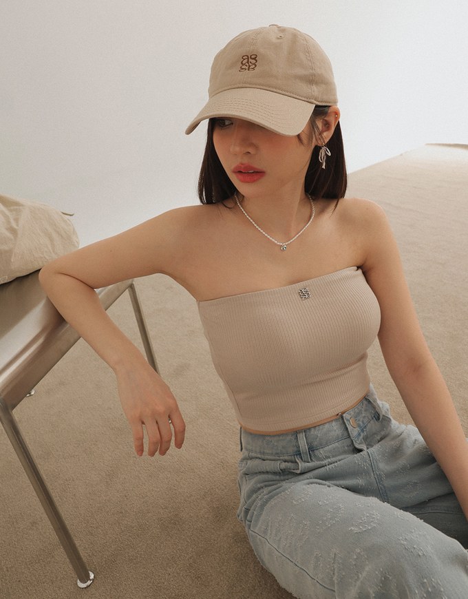 Air Space Logo Embroidered Ribbed Cropped Padded Tube Top