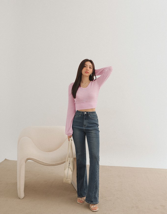 Round Neck Long Sleeve Textured Ribbed Knit Crop Top