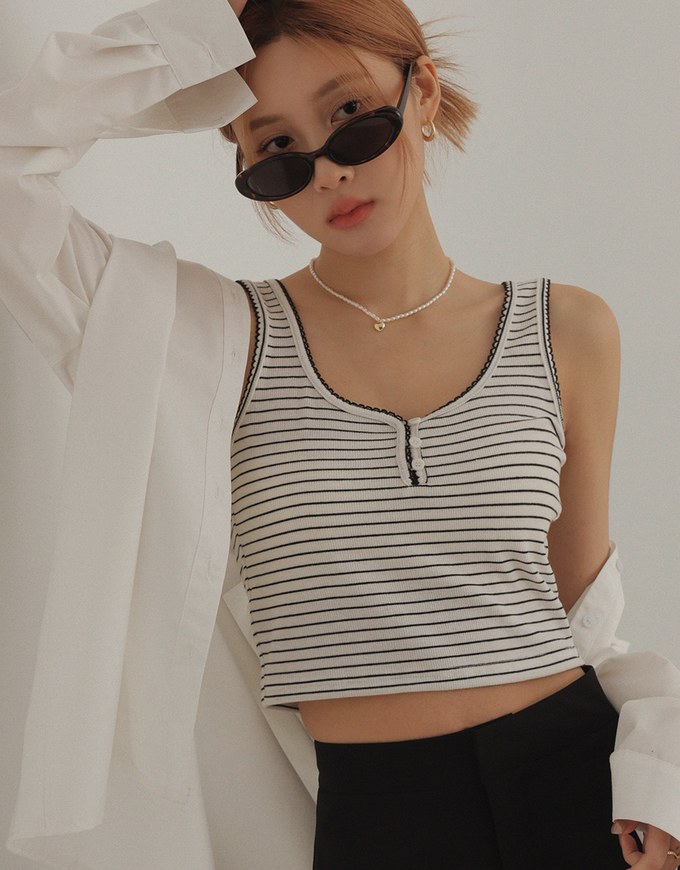 Ruffle Hem Button Front Striped Crop Tank Top