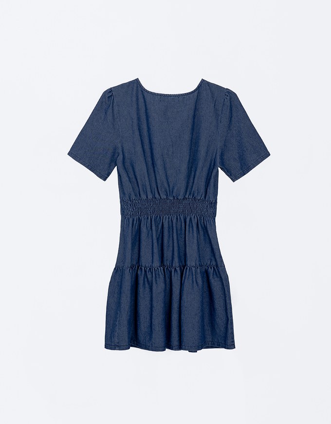 Classic Denim Ruffle Hem V Neck Mini Dress