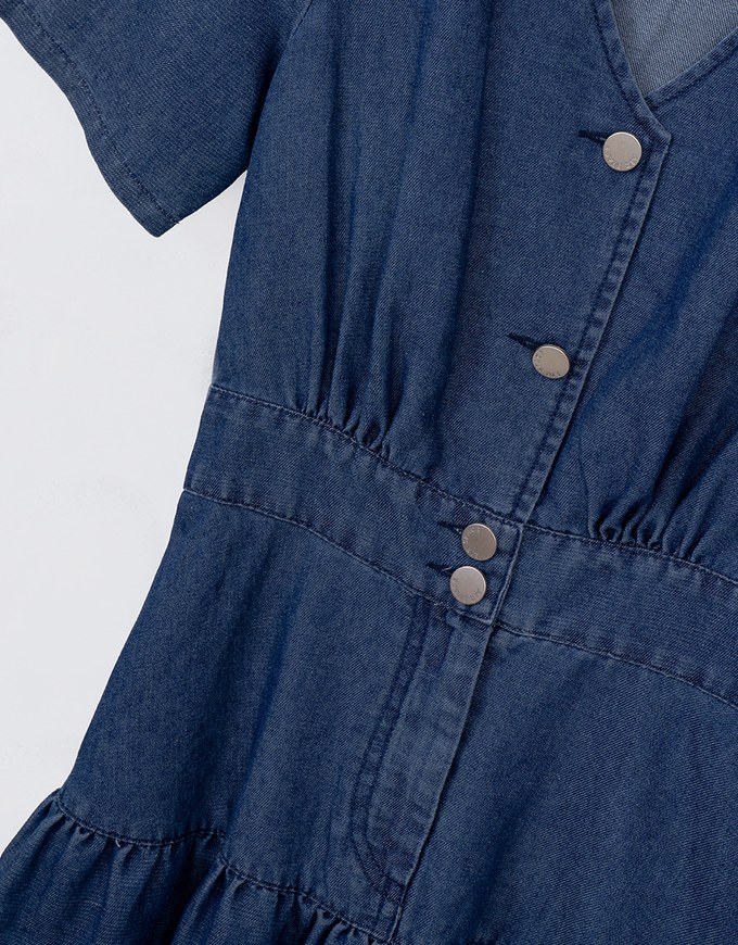 Classic Denim Ruffle Hem V Neck Mini Dress