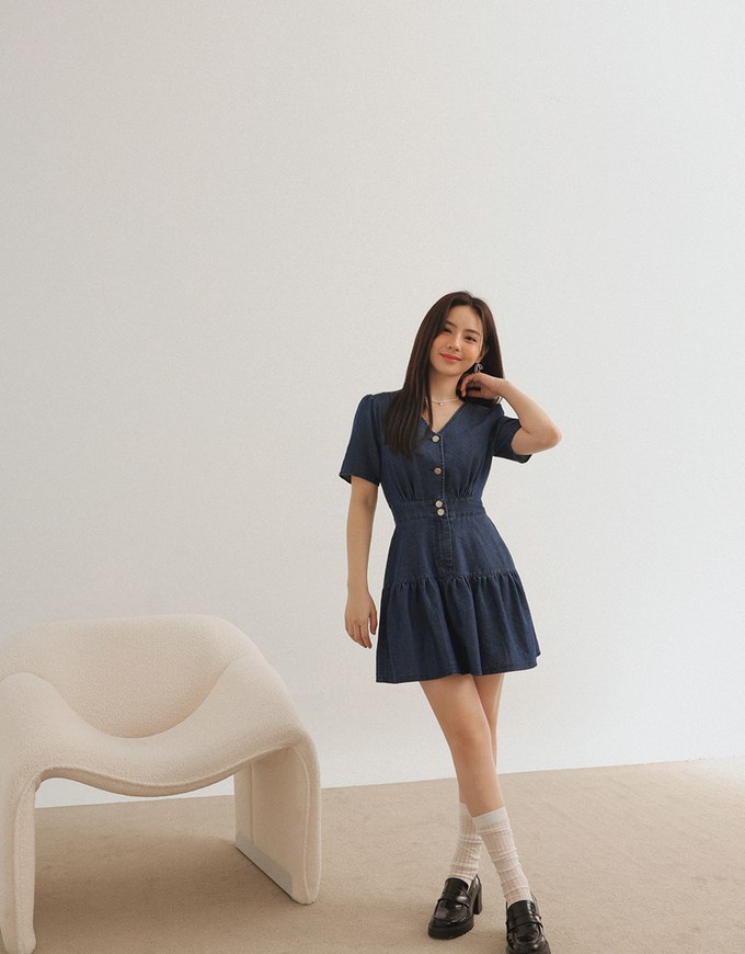 Classic Denim Ruffle Hem V Neck Mini Dress