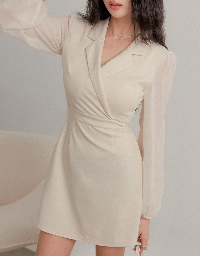 Sophisticated Tailored Collar Sheer Long Sleeve Mini Dress