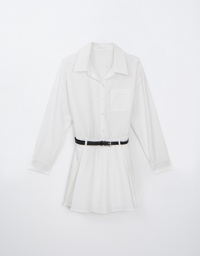 Collared Neck Pleated Shirt Dress (with Belt)