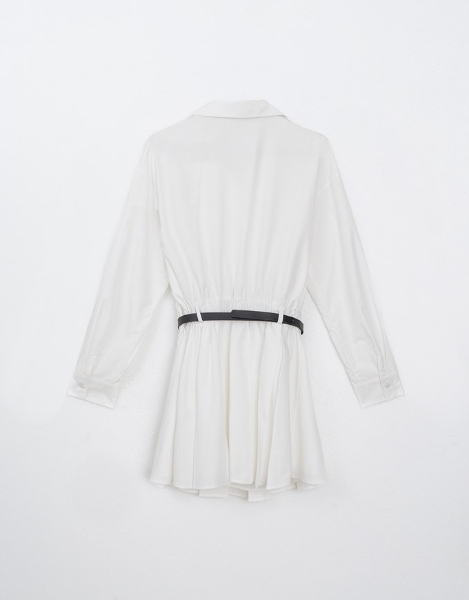 Collared Neck Pleated Shirt Dress (with Belt)