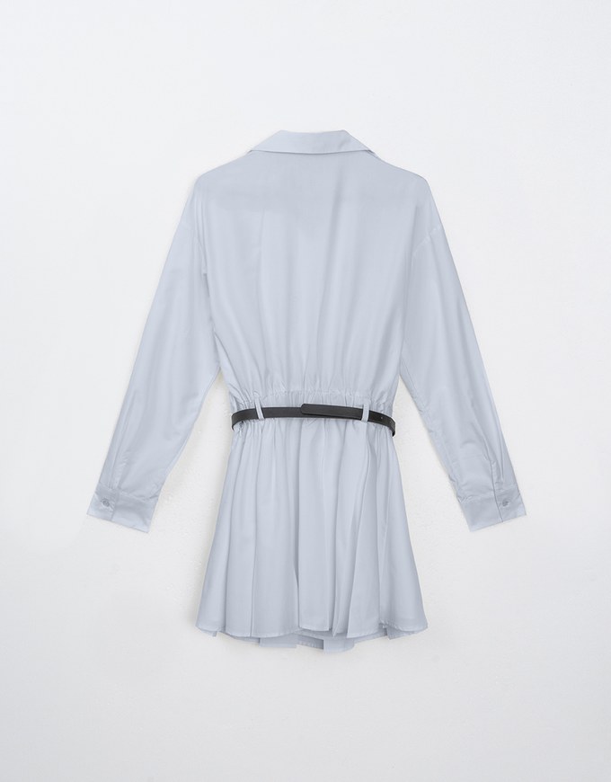 Collared Neck Pleated Shirt Dress (with Belt)