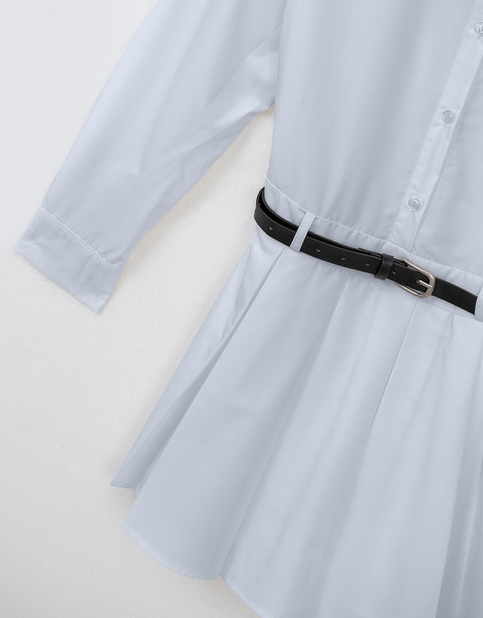 Collared Neck Pleated Shirt Dress (with Belt)