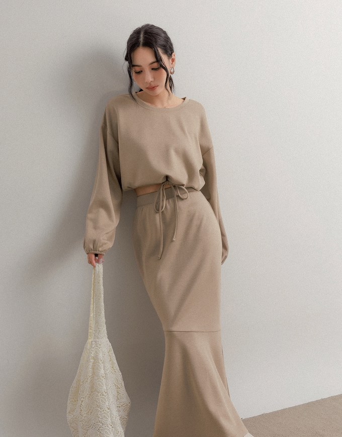 Soft Knit Drawstring Long Sleeve Top And Mermaid Maxi Skirt Set Wear