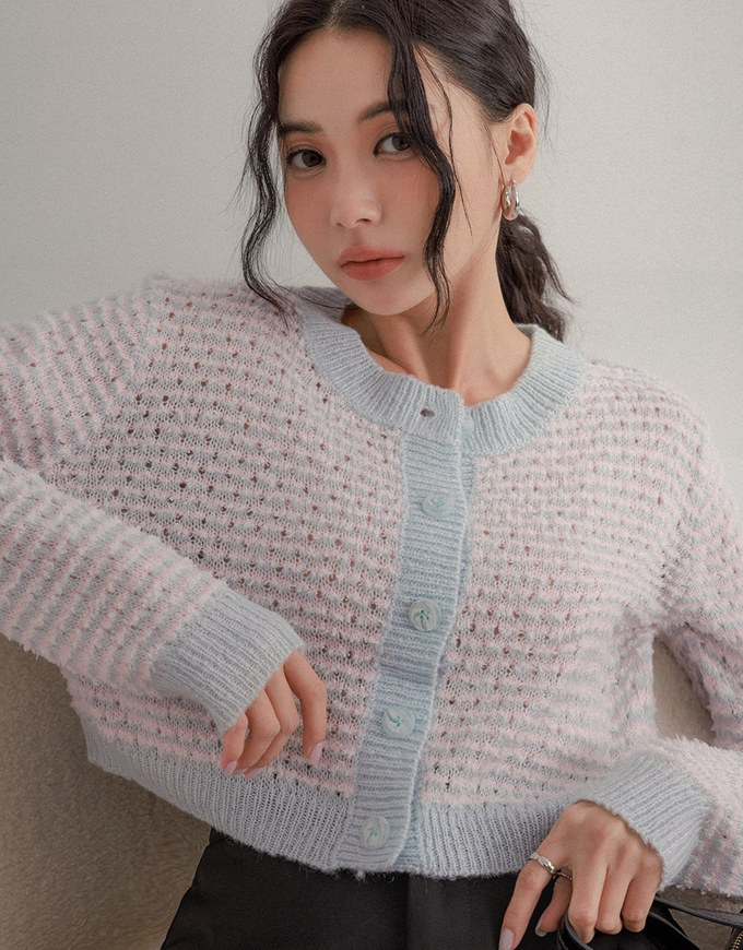 Button Up Crew Neck Hole Knitted Cardigan