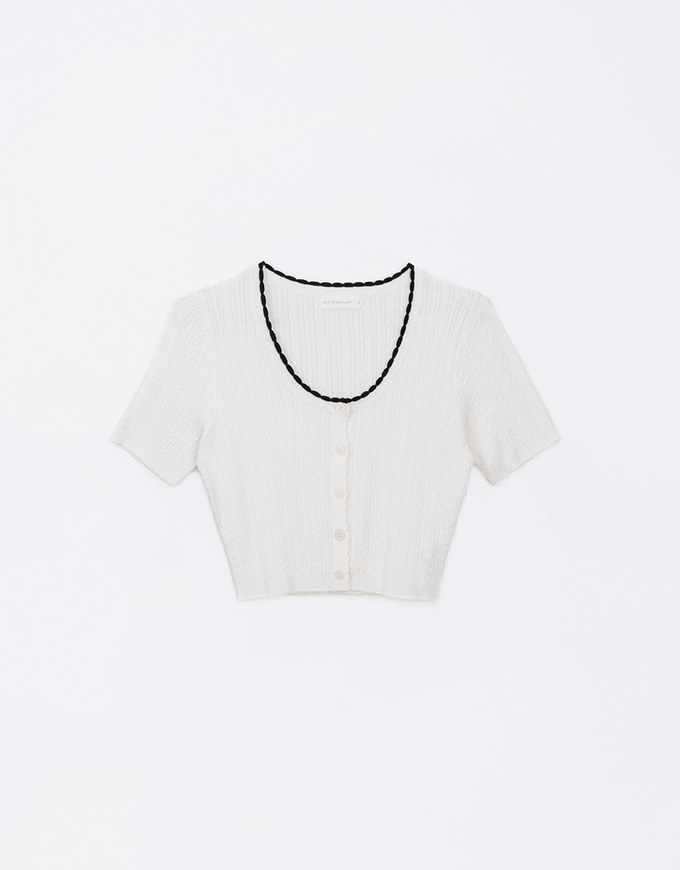 U Neckline Cable Knit Button Up Crop Top