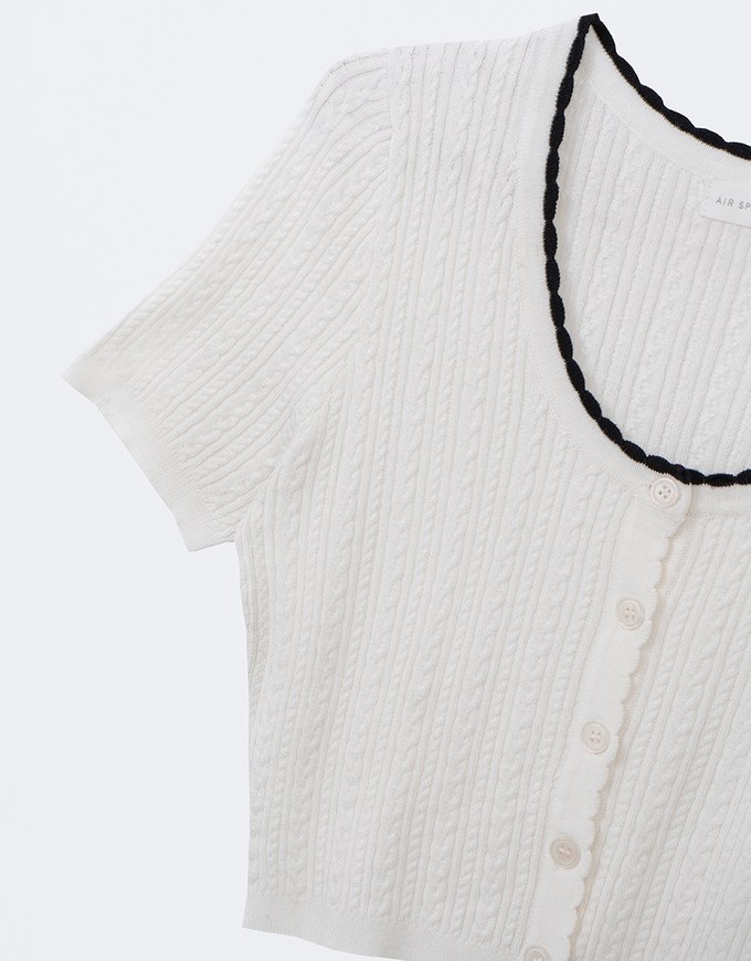 U Neckline Cable Knit Button Up Crop Top