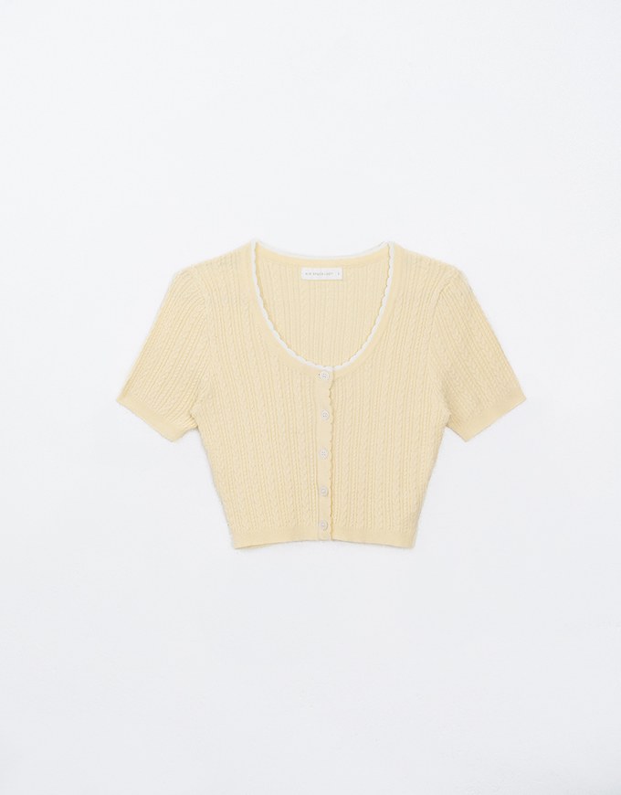 U Neckline Cable Knit Button Up Crop Top