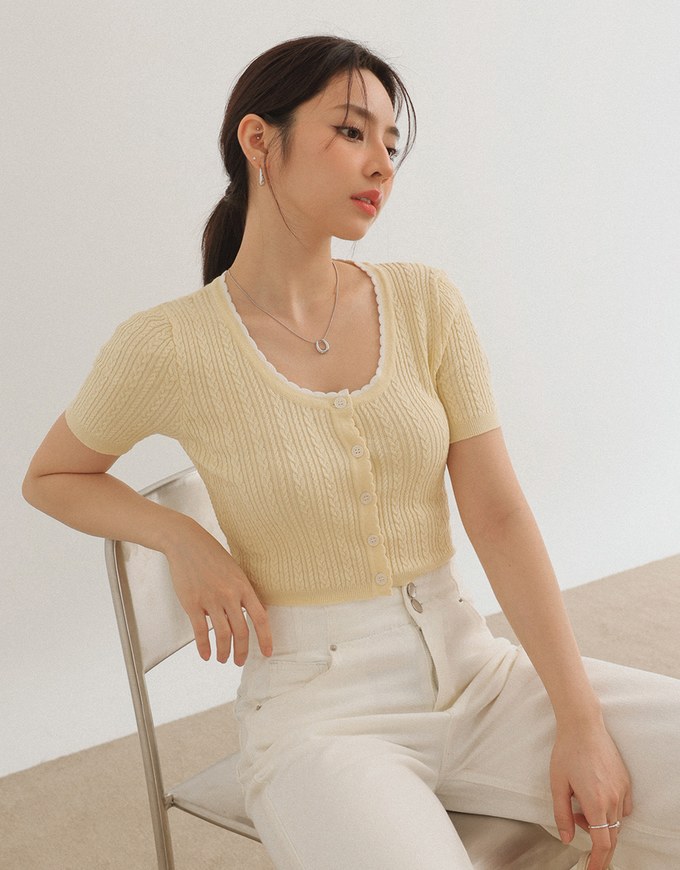 U Neckline Cable Knit Button Up Crop Top