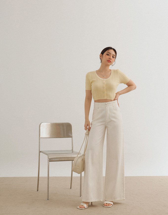 U Neckline Cable Knit Button Up Crop Top