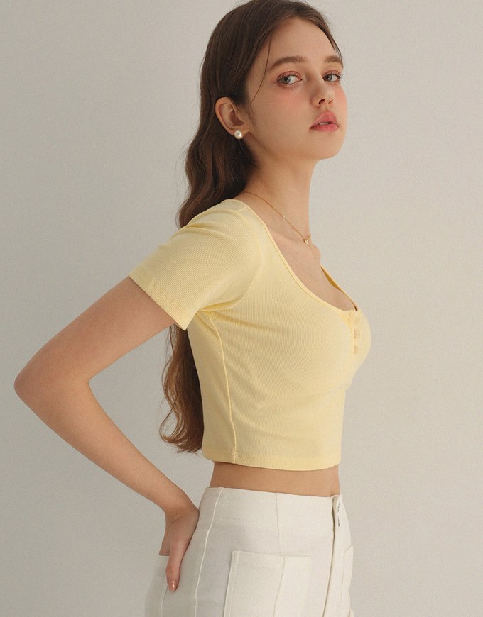 Slim Fit Button Up U Neck Ribbed Crop Top