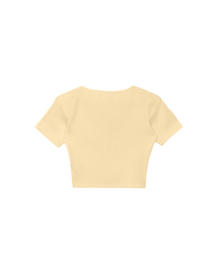 Slim Fit Button Up U Neck Ribbed Crop Top