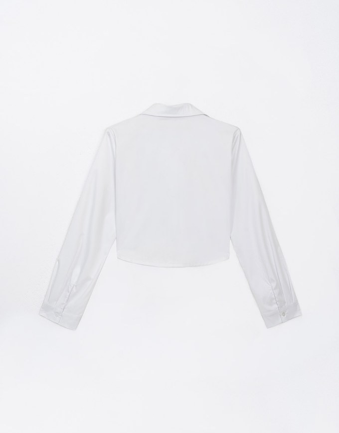 Basic Plain Long Sleeve Cropped Button Up Blouse