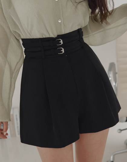 High-Waist Double Belted Pleated Shorts