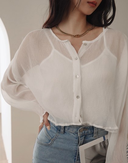 Wrinkled Sheer Collarless Shirt Set Wear