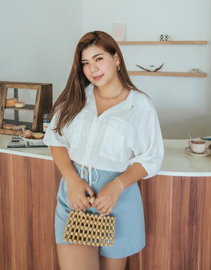 Sheer Gingham Hem Drawstring Pocket Blouse