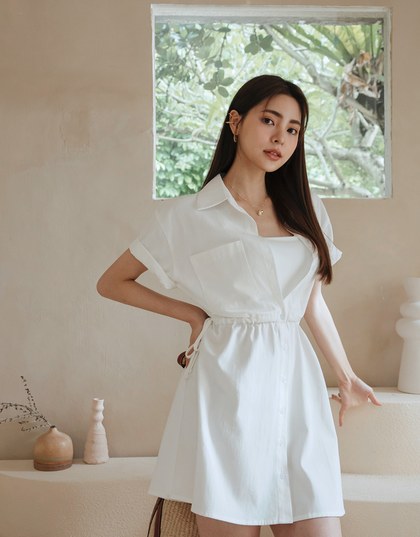 【Vacanza】Laidback Side Dual-Drawstring Mini Shirt Dress