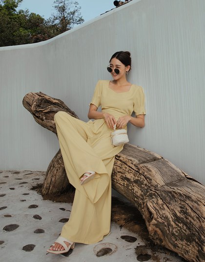 Retro Pleated Puff Sleeve Wide Leg Jumpsuit