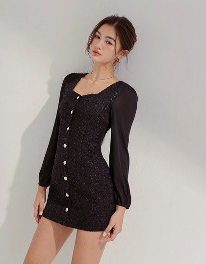 Puffed Sleeve Tweed Mini Dress