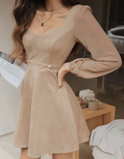 Square-Neck Bead-Button Stitched Suede Mini Dress