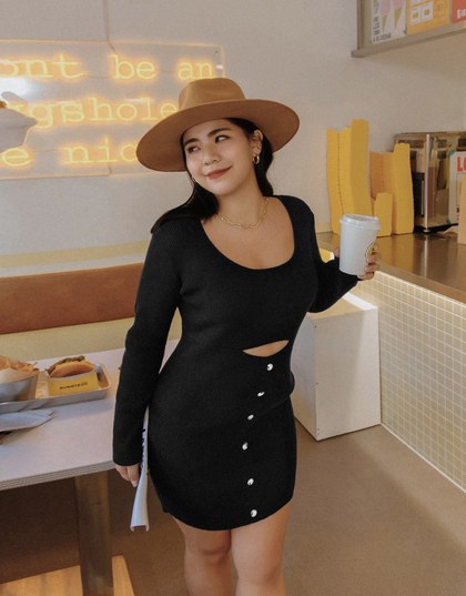 U-Collar Button-Down Knitted Short Dress
