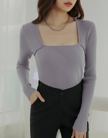 Square Neck Long Sleeve Knit Fit Top