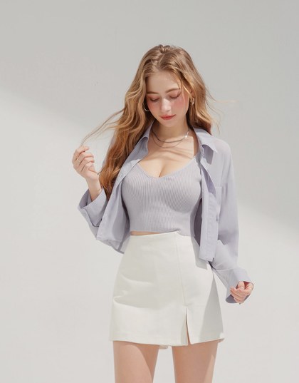 Two-Piece Sheer Crop Button-Up Blouse