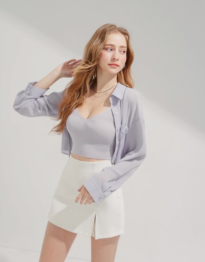 Two-Piece Sheer Crop Button-Up Blouse