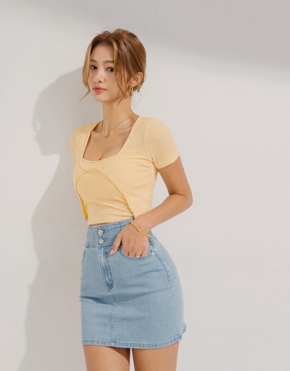 Two-Piece Gold Button Ribbed Crop Top (With Padding)