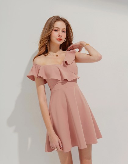 Slanted Shoulder Lotus Leaf Mini Dress