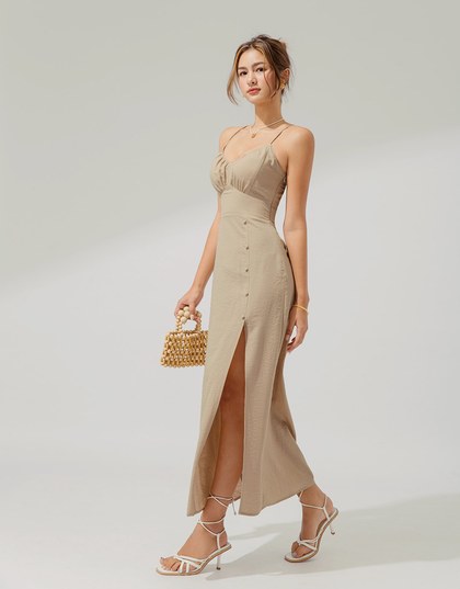 Wrinkle Waist Slit Long Dress (With Padding)