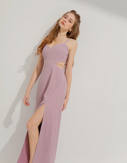Gold Chain Hollow Slit Long Dress (With Padding)
