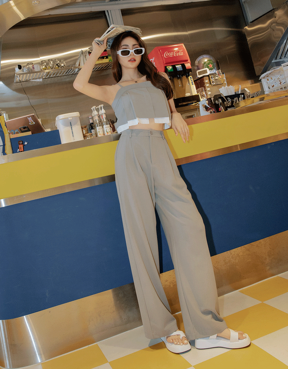 Thin Strap Pleated Cami Top Suit Pants Set