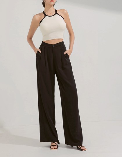 Skewed Single-Button Pleated Wide Trousers
