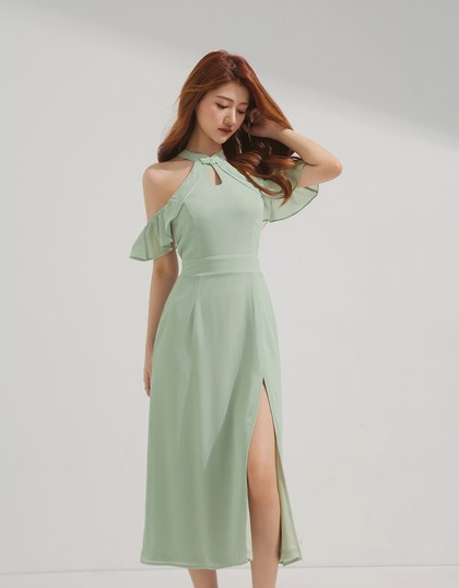 Cheongsam Collar Off Shoulder Slit Dress