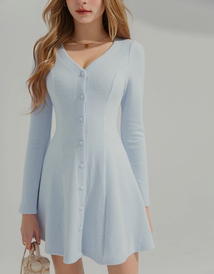 V-neck Button Down Fit and Flare Mini Knit Dress