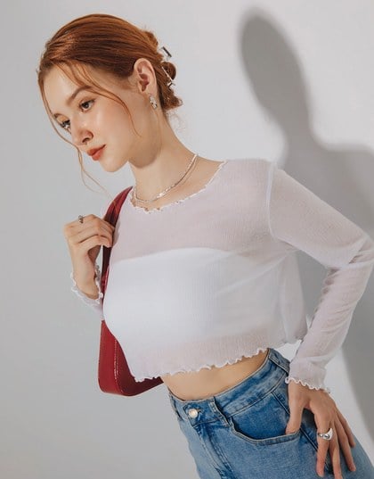 Sheer Ruffle Trim Cropped Top