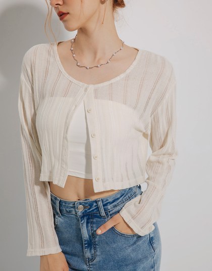 Vertical Stripe Sheer Button Down Top