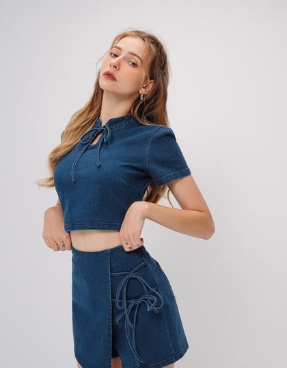 Classic Short Sleeve Jeans Denim Cheongsam Qipao Top