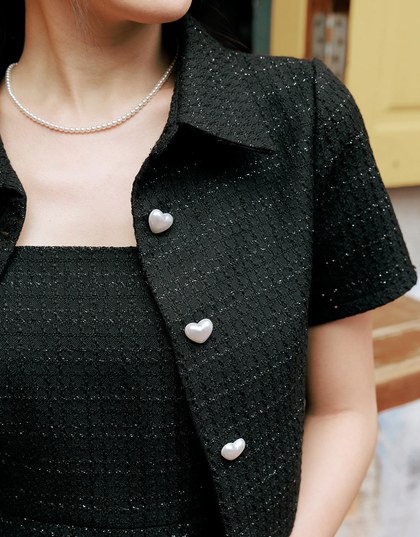 [HXA's Design] Heart Tweed Cropped Jacket Top With Pearl Heart Button H09