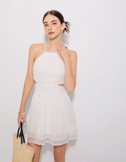 Halter Back Hollow Lace Mini Dress