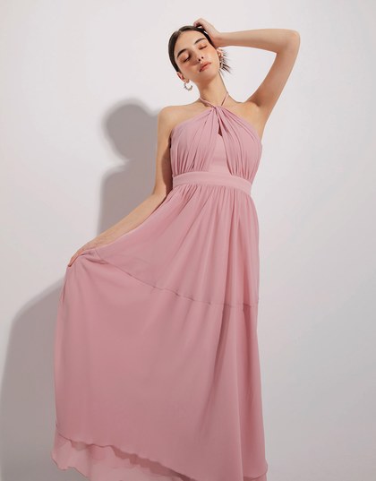 Semi Sheer Halter Chiffon Padded Maxi Dress