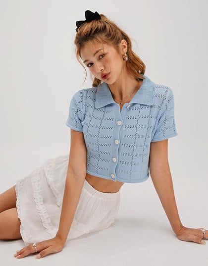 Eyelet Knit Collared Blouse Shirt